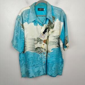 Vintage Orient Express Silk Hawaiian Shirt Mens XL Blue Koi Japenese‎ Print